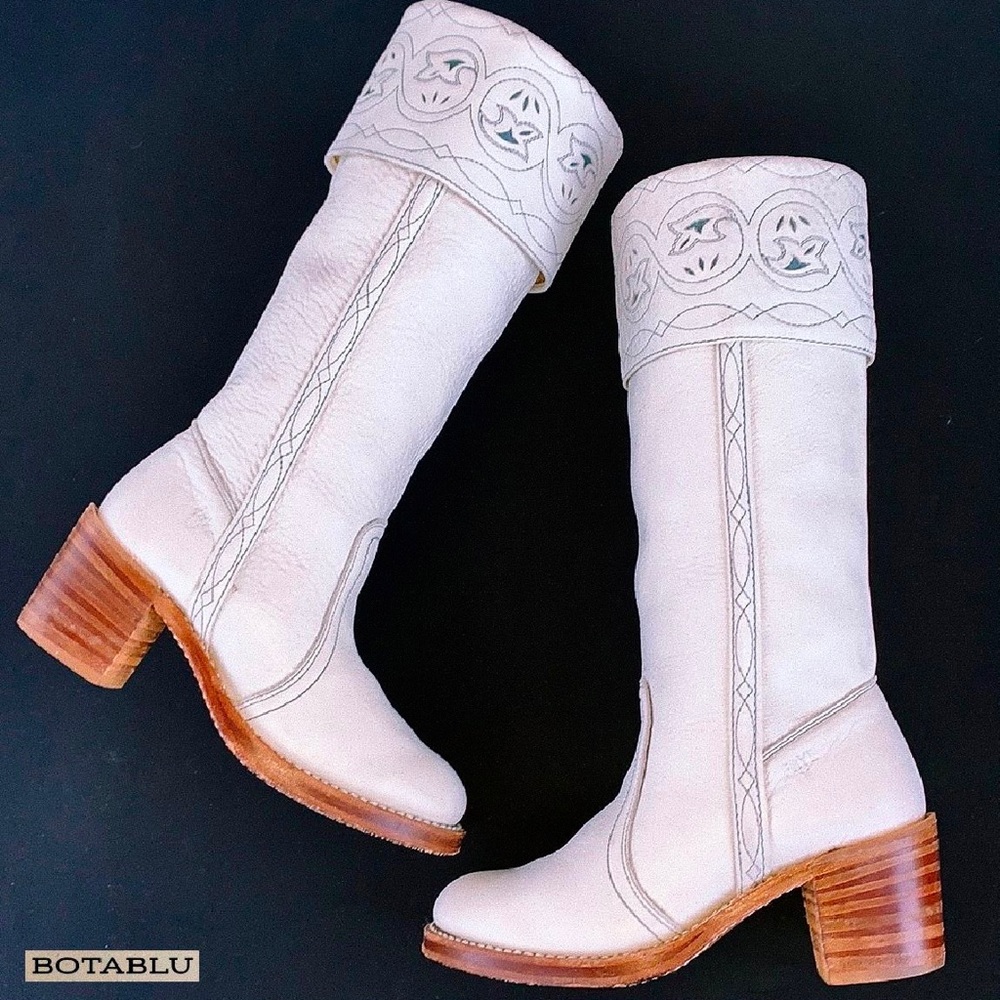 SOLD FRYE Vintage White Sabrina Campus Tooled Cuff Tall Knee High Western Boots - Picture 5 of 12